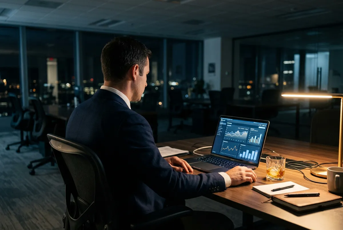 Mężczyzna w garniturze siedzący samotnie przy biurku z laptopem i kieliszkiem alkoholu - alkoholizm wysokofunkcjonujący w środowisku korporacyjnym