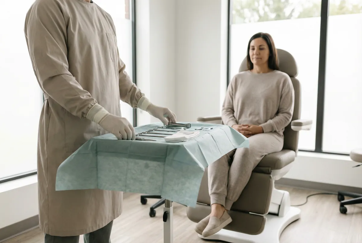 Lekarz przeprowadzający zabieg wszycia wszywki alkoholowej w sterylnych warunkach