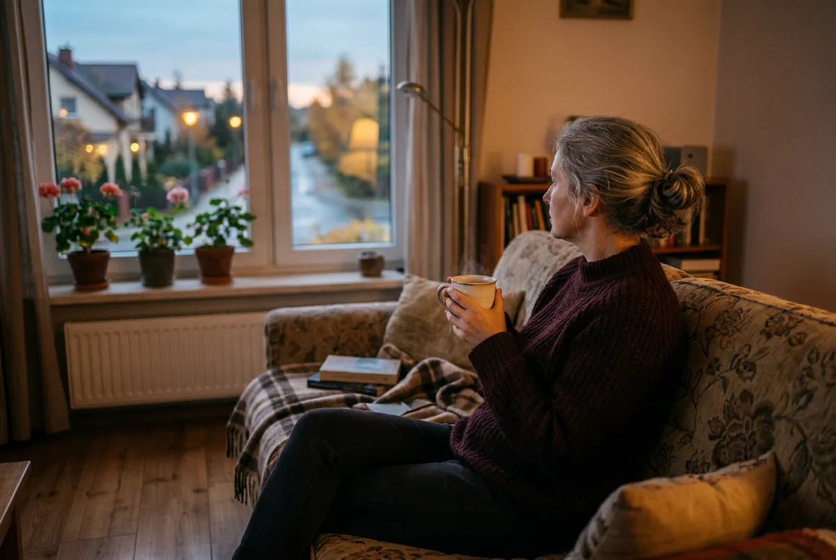 Kobieta siedząca samotnie na kanapie w domowym salonie o zmierzchu, trzymająca filiżankę herbaty - symbol współuzależnienia i emocjonalnego wyczerpania bliskich osób alkoholika